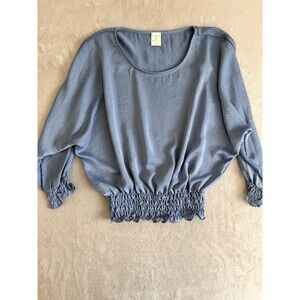 Anthropologie By Together Blue Balloon Sleeve Flowy Silk Blouse M Boho Artsy